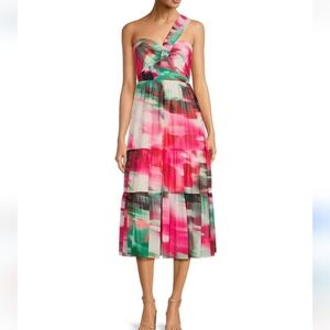 NWT Belle by Badgley Mischka Remi Georgette Printed Midi Dress One Shoulder 4
